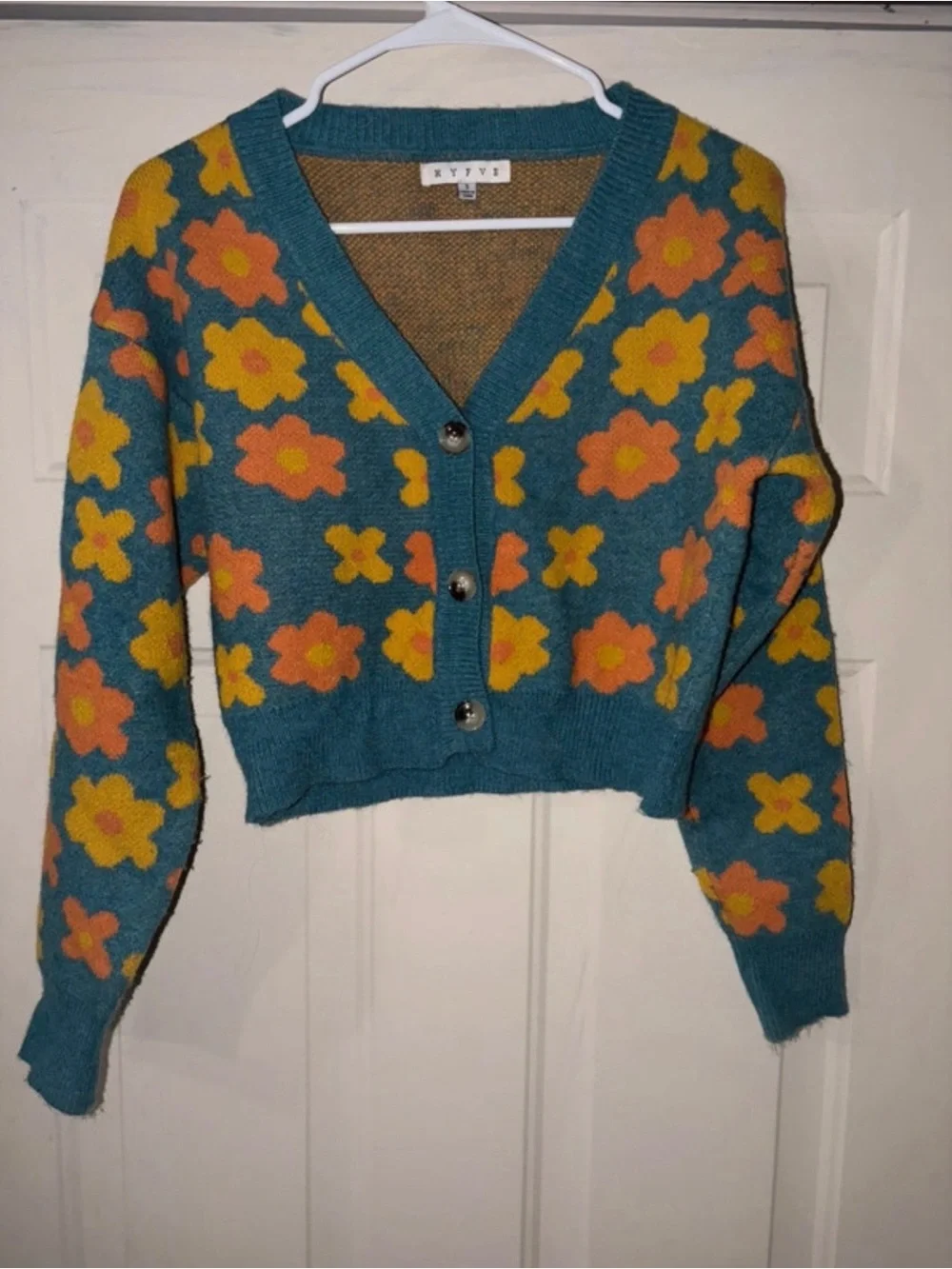 HYFVE Teal With Orange/Yellow Flowers Cardigan Size S.